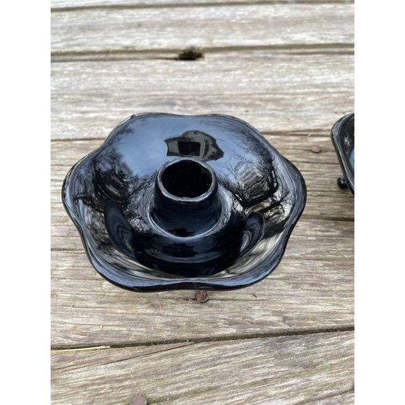 Vintage Pair Black Amethyst Glass 3 Footed Candlestick Holders - Picture 10 of 11